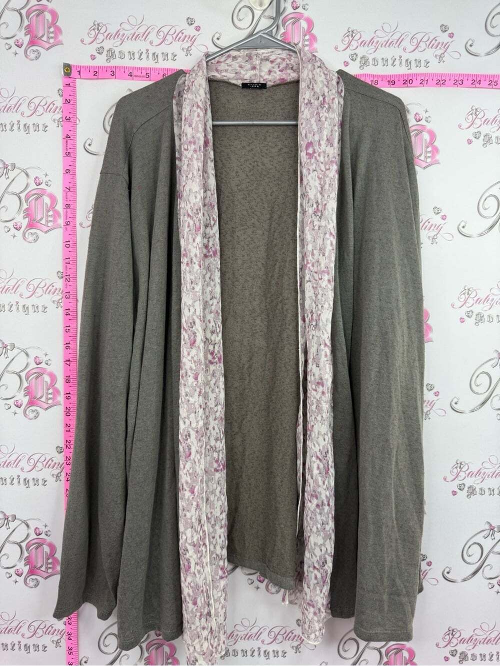 Studio 1886 cardigan floral Open-Front Gray Cardigan with Pink Floral Trim